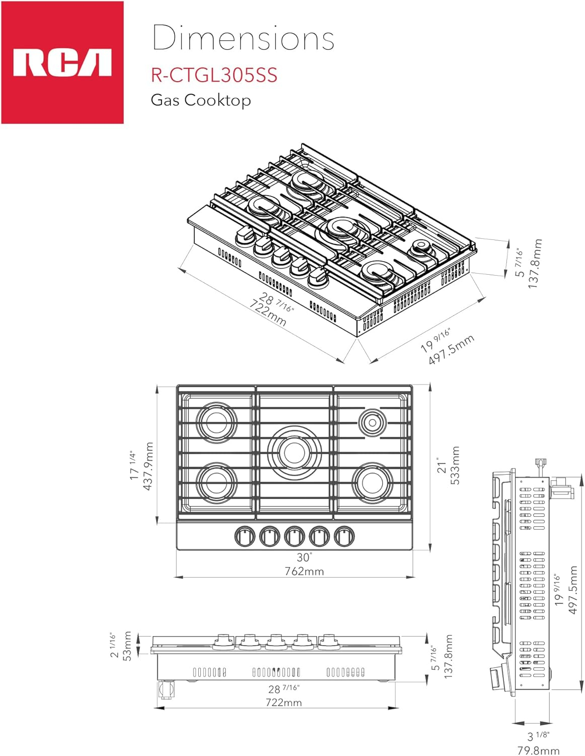 RCA 30 in. Drop-In Gas Cooktop 5 Burners - Image 3