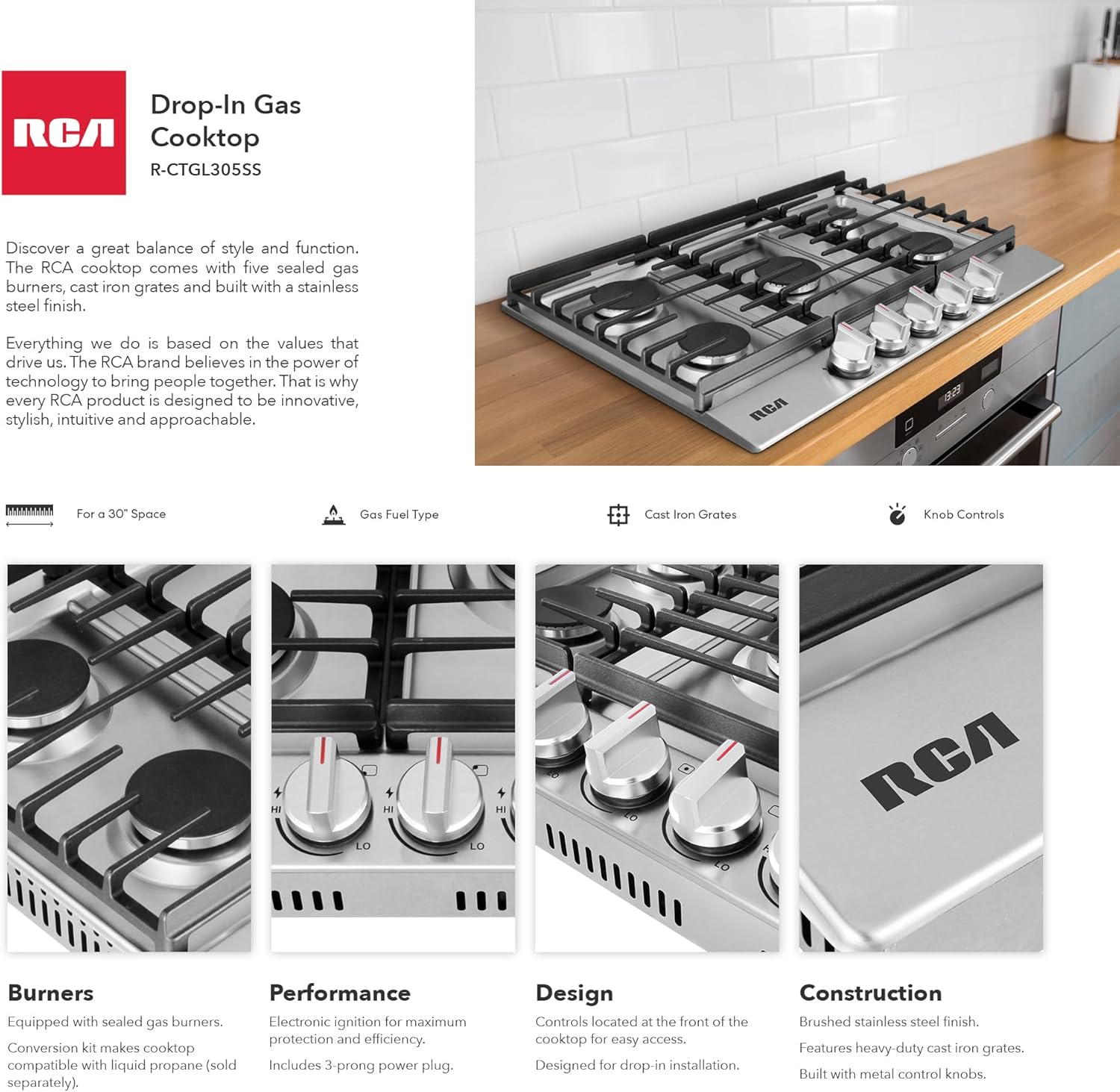 RCA 30 in. Drop-In Gas Cooktop 5 Burners - Image 4