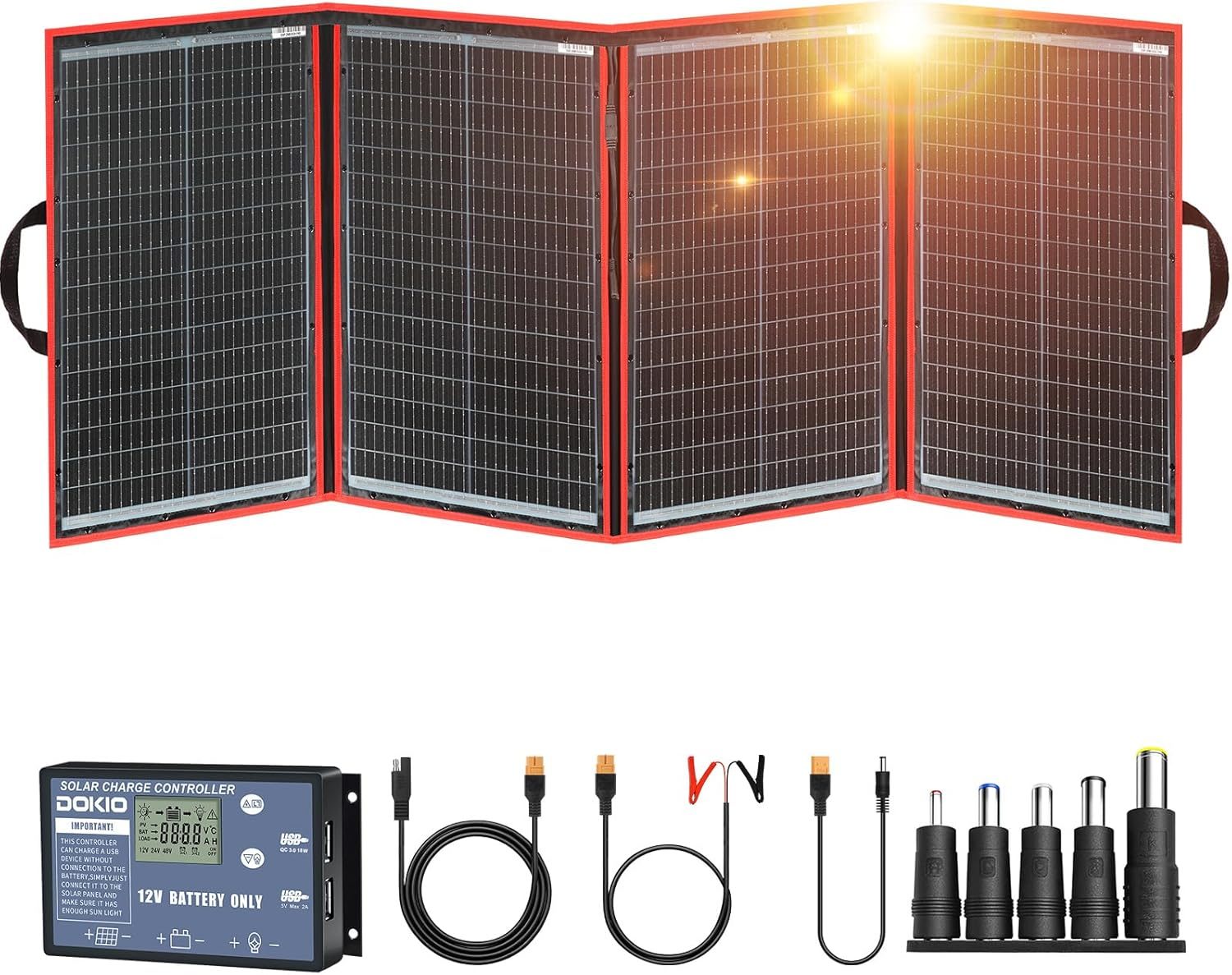 DOKIO 200W Portable Foldable Solar Panel Kit (20x27in, 9.7lb), with Separate Controller and Dual USB, Monocrystalline Charger for 12V Batteries & Power Stations, RV Camping Trailer Emergency Backup
