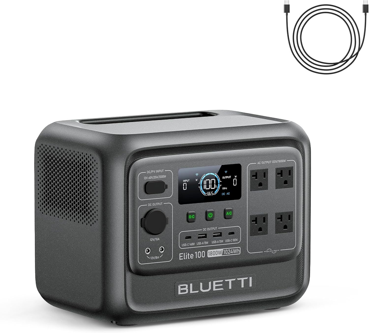 BLUETTI Elite 100 V2 Portable Power Station and USB C Cable, 1024Wh LFP Battery Solar Generator w/ 4 1800W AC Outlets (3600W Surge) Backup, 35% Smaller for Camping, RV, Outages (Solar Panel Optional)